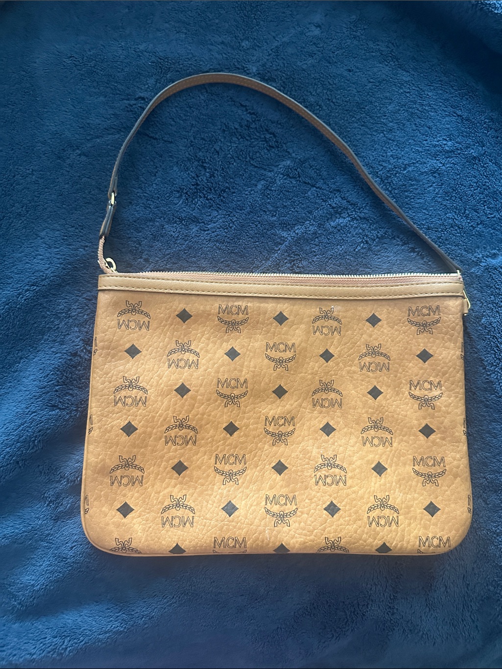 Mcm Cognac Logo Zip Shoulder Pouch